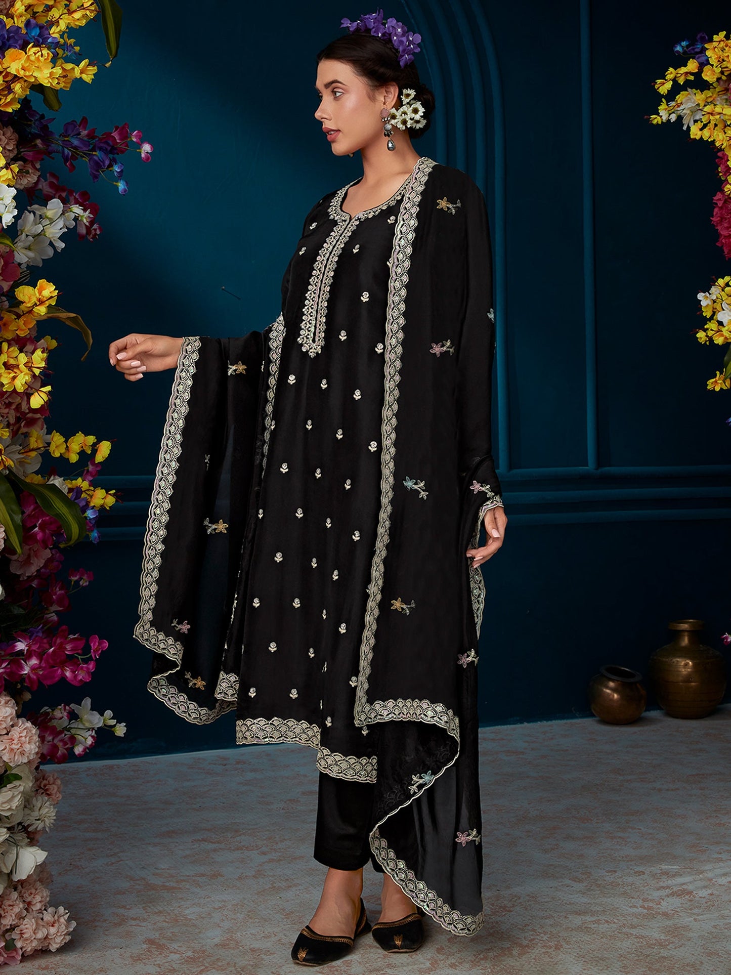 Indo Era Black Straight Embroidered Kurta Trousers With Dupatta Set