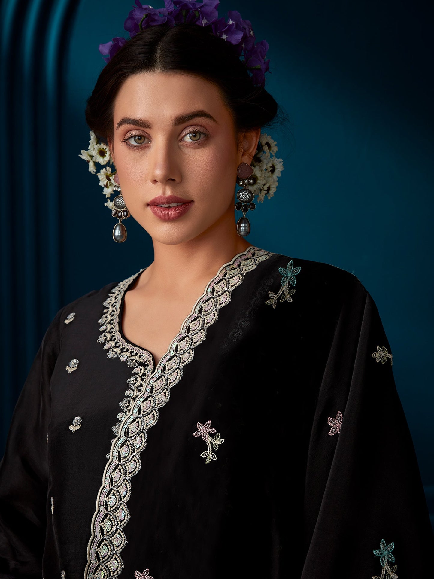 Indo Era Black Straight Embroidered Kurta Trousers With Dupatta Set