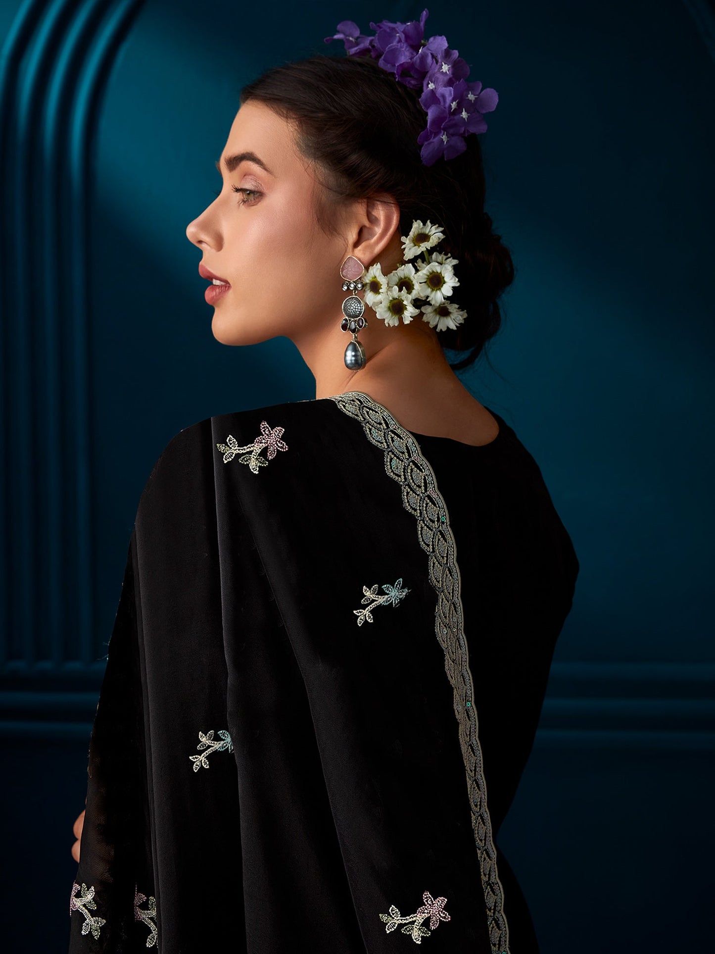 Indo Era Black Straight Embroidered Kurta Trousers With Dupatta Set
