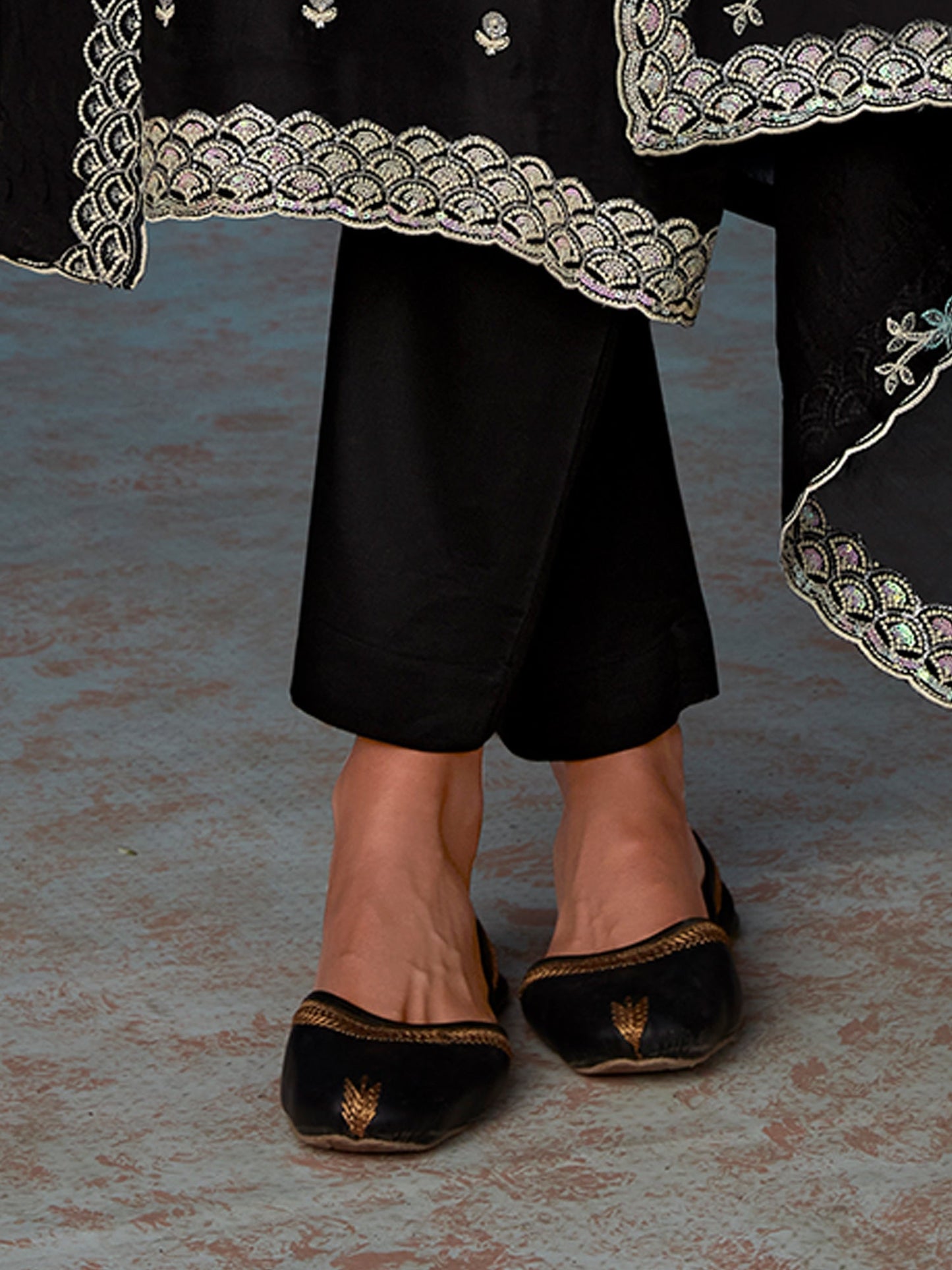 Indo Era Black Straight Embroidered Kurta Trousers With Dupatta Set
