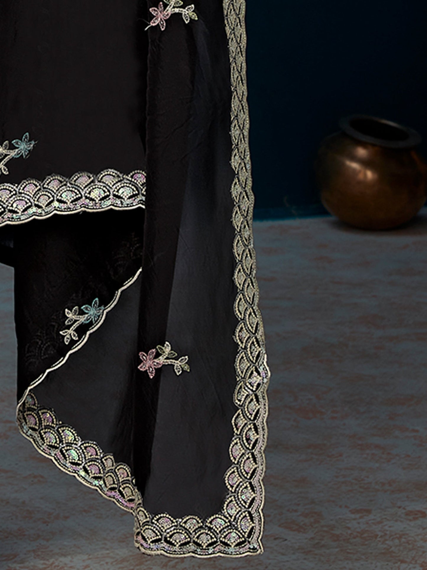 Indo Era Black Straight Embroidered Kurta Trousers With Dupatta Set