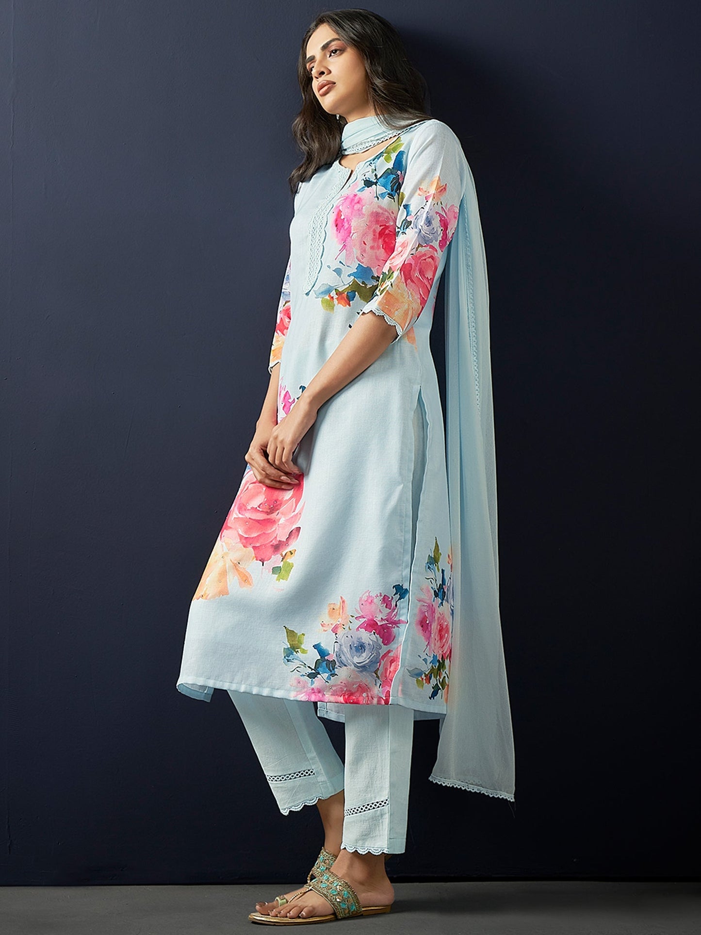 Indo Era Blue Printed Straight Kurta Trousers With Dupatta set