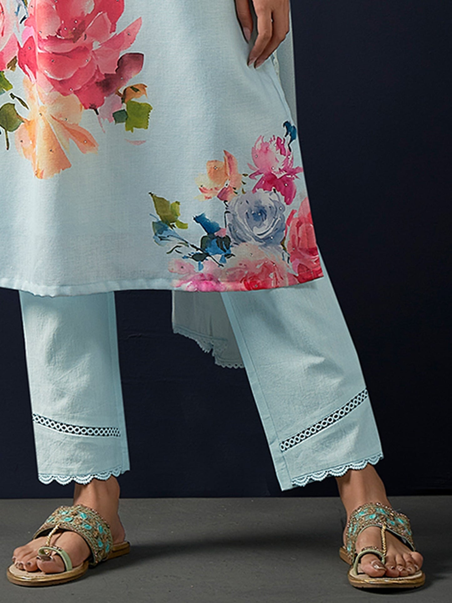 Indo Era Blue Printed Straight Kurta Trousers With Dupatta set