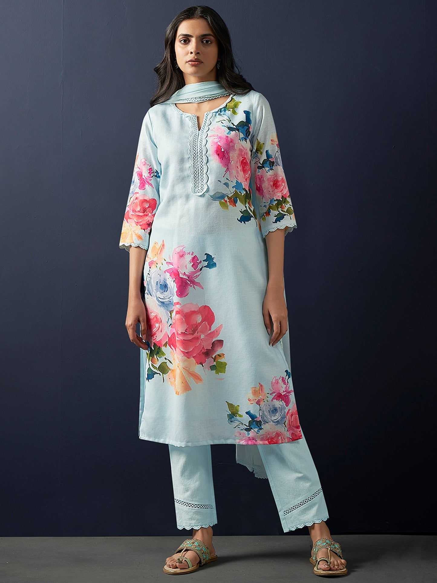 Indo Era Blue Printed Straight Kurta Trousers With Dupatta set