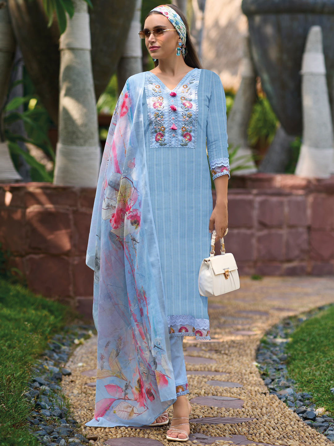 Indo Era Blue Embroidered Straight Kurta Trousers With Dupatta set