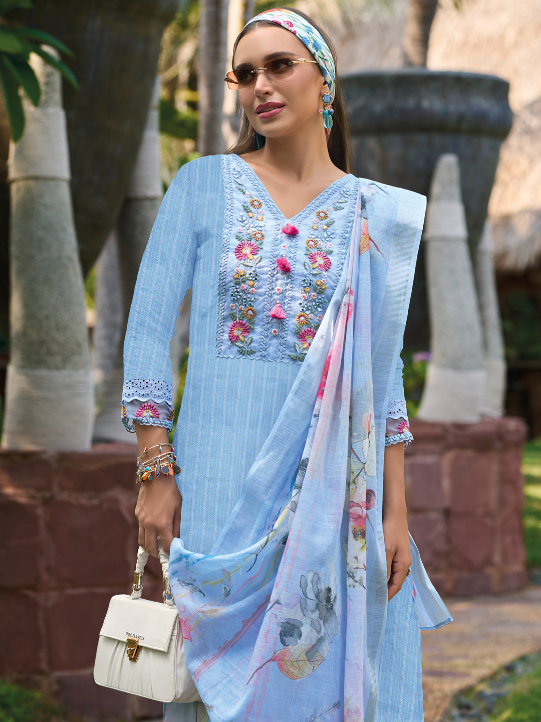 Indo Era Blue Embroidered Straight Kurta Trousers With Dupatta set