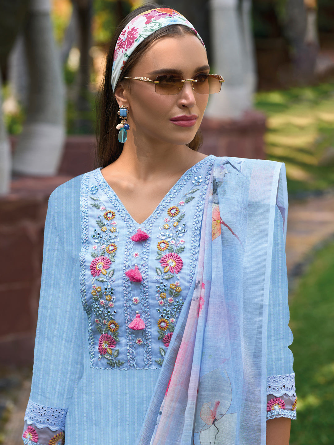 Indo Era Blue Embroidered Straight Kurta Trousers With Dupatta set