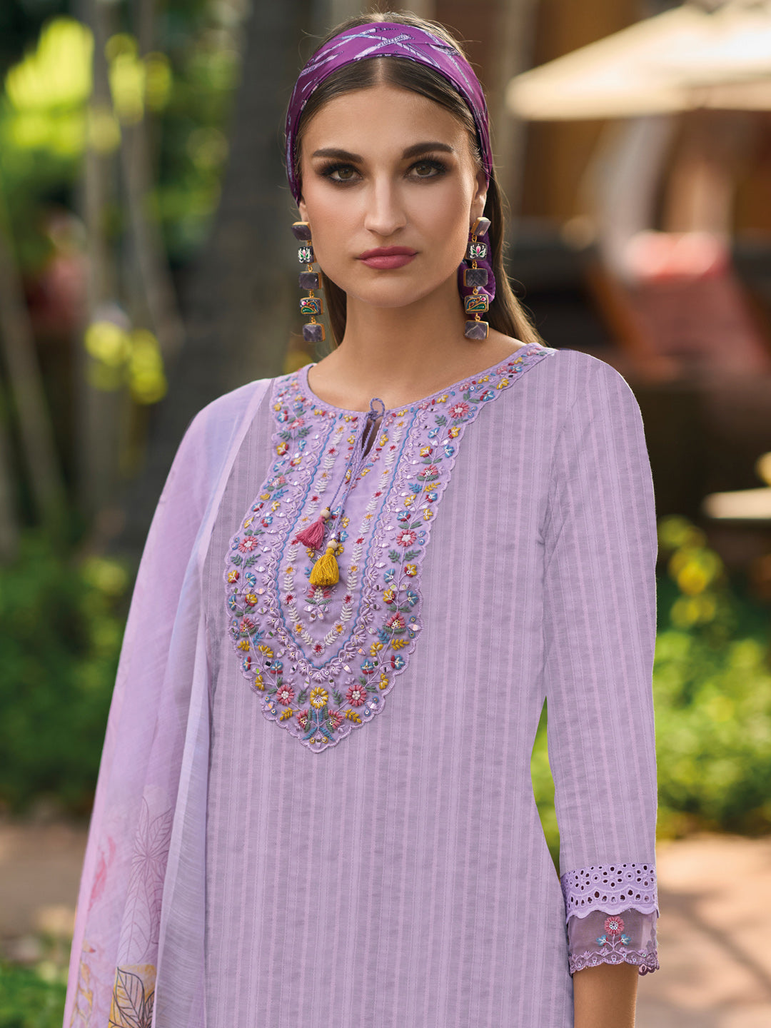 Indo Era Lavender Embroidered Straight Kurta Trousers With Dupatta set