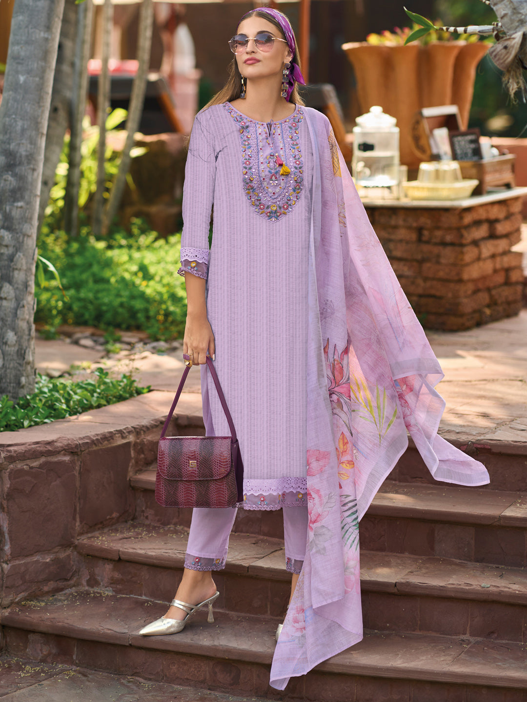 Indo Era Lavender Embroidered Straight Kurta Trousers With Dupatta set