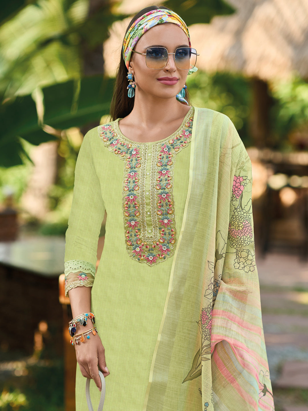Indo Era Green Embroidered Straight Kurta Trousers With Dupatta set