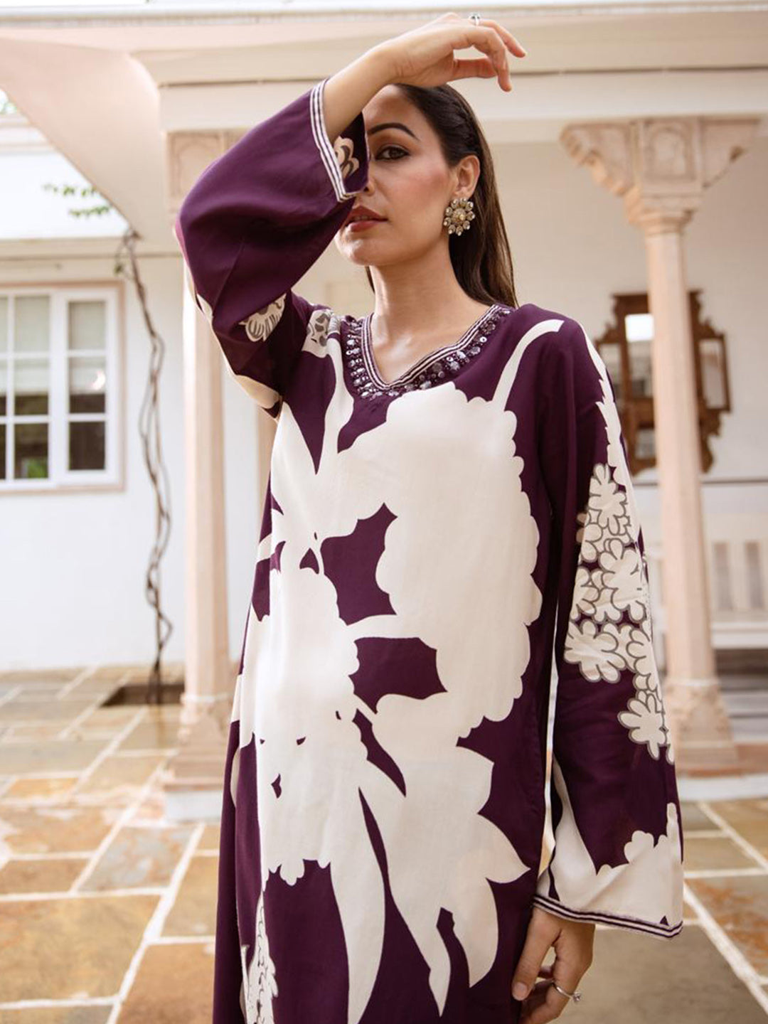 Indo Era Burgundy Printed A-Line Kurta Salwar set