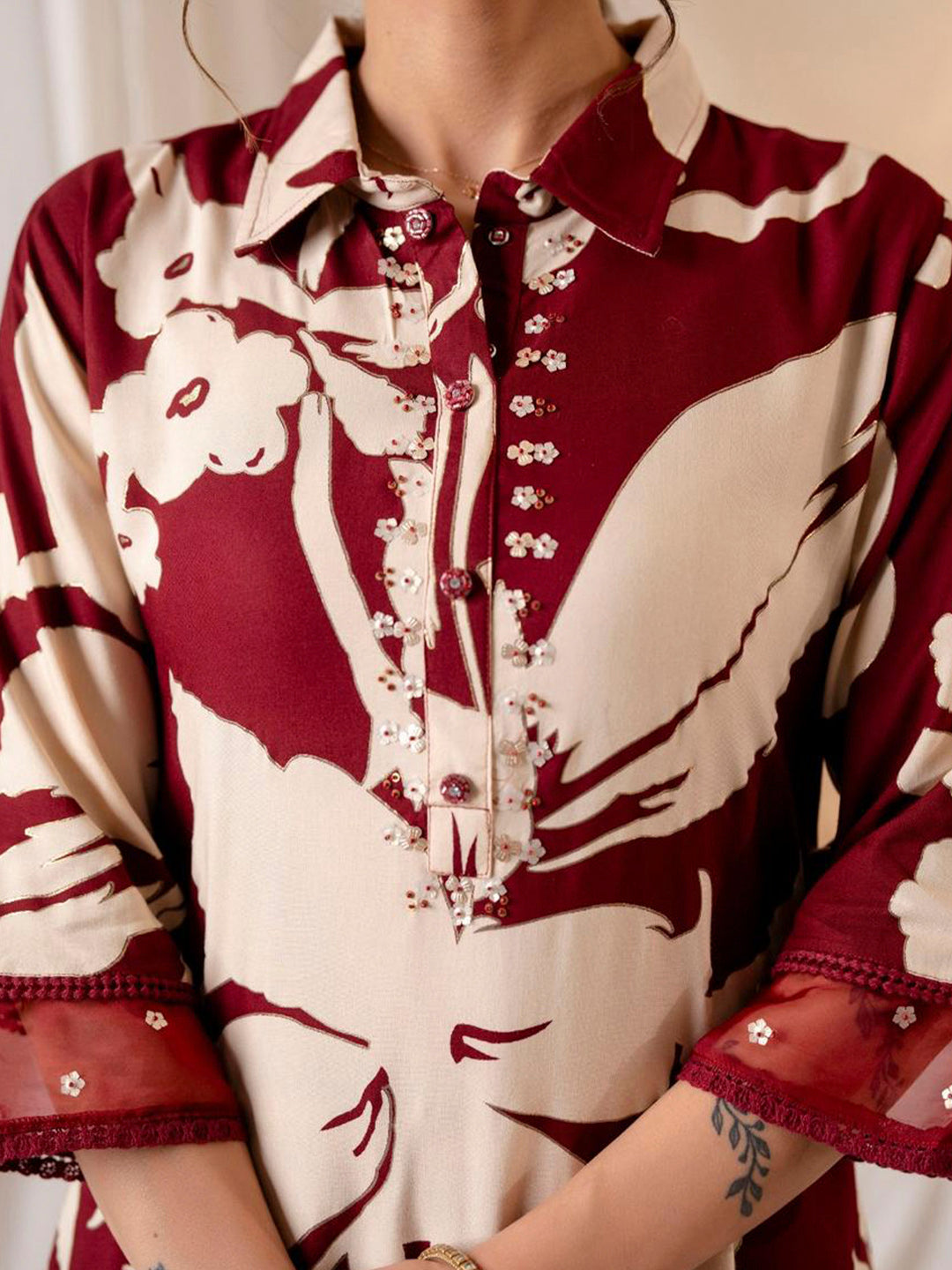 Maroon Printed Straight Kurta Trousers set