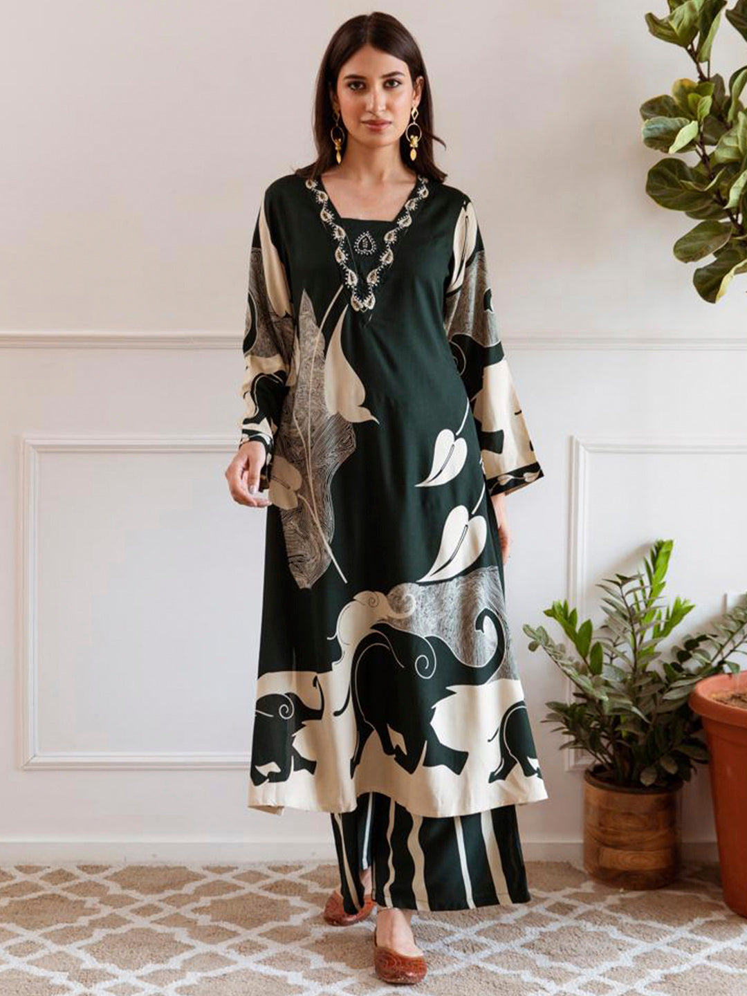 Indo Era Green Printed A-Line Kurta Palazzos Set