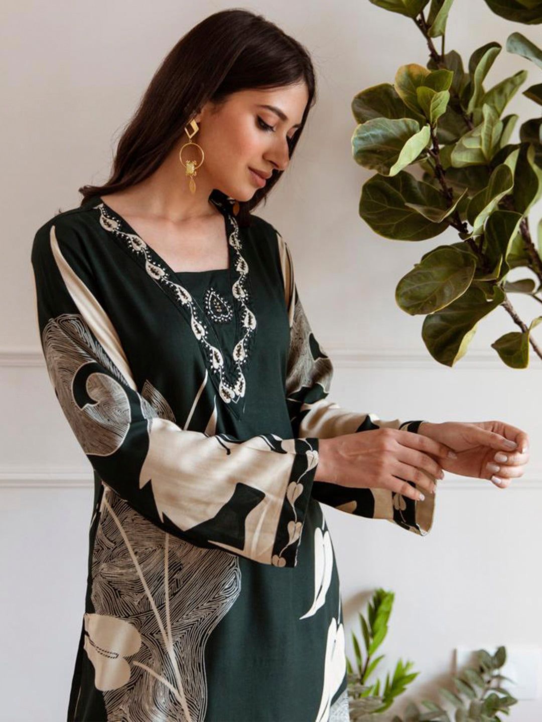 Indo Era Green Printed A-Line Kurta Palazzos Set