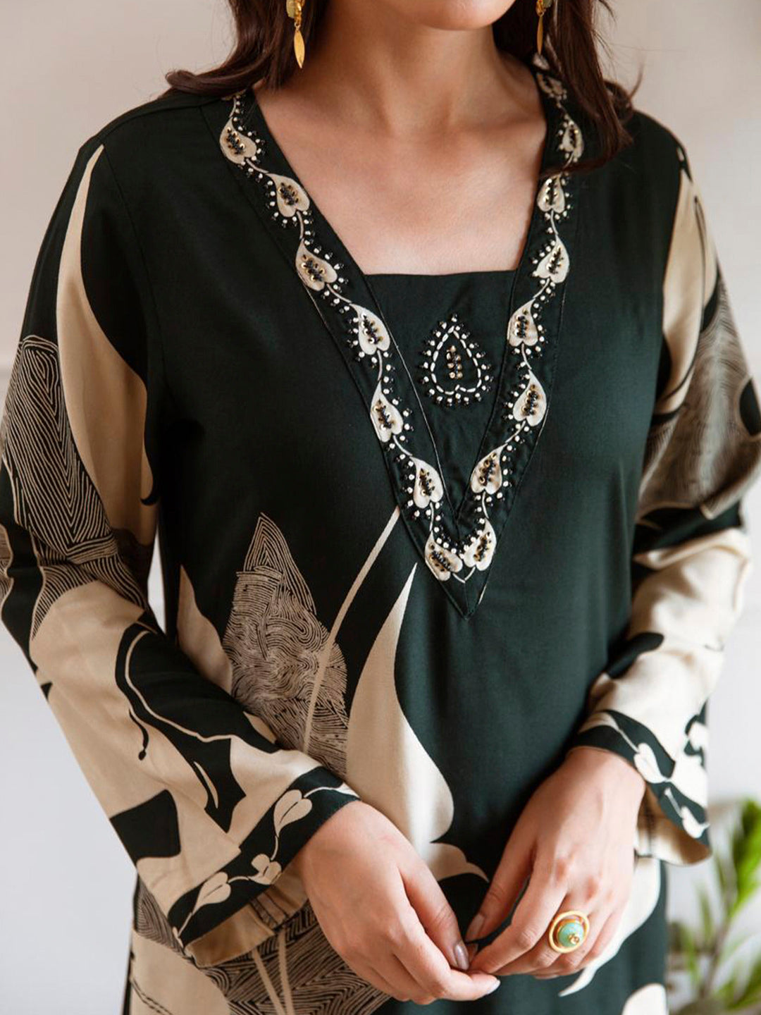 Indo Era Green Printed A-Line Kurta Palazzos Set