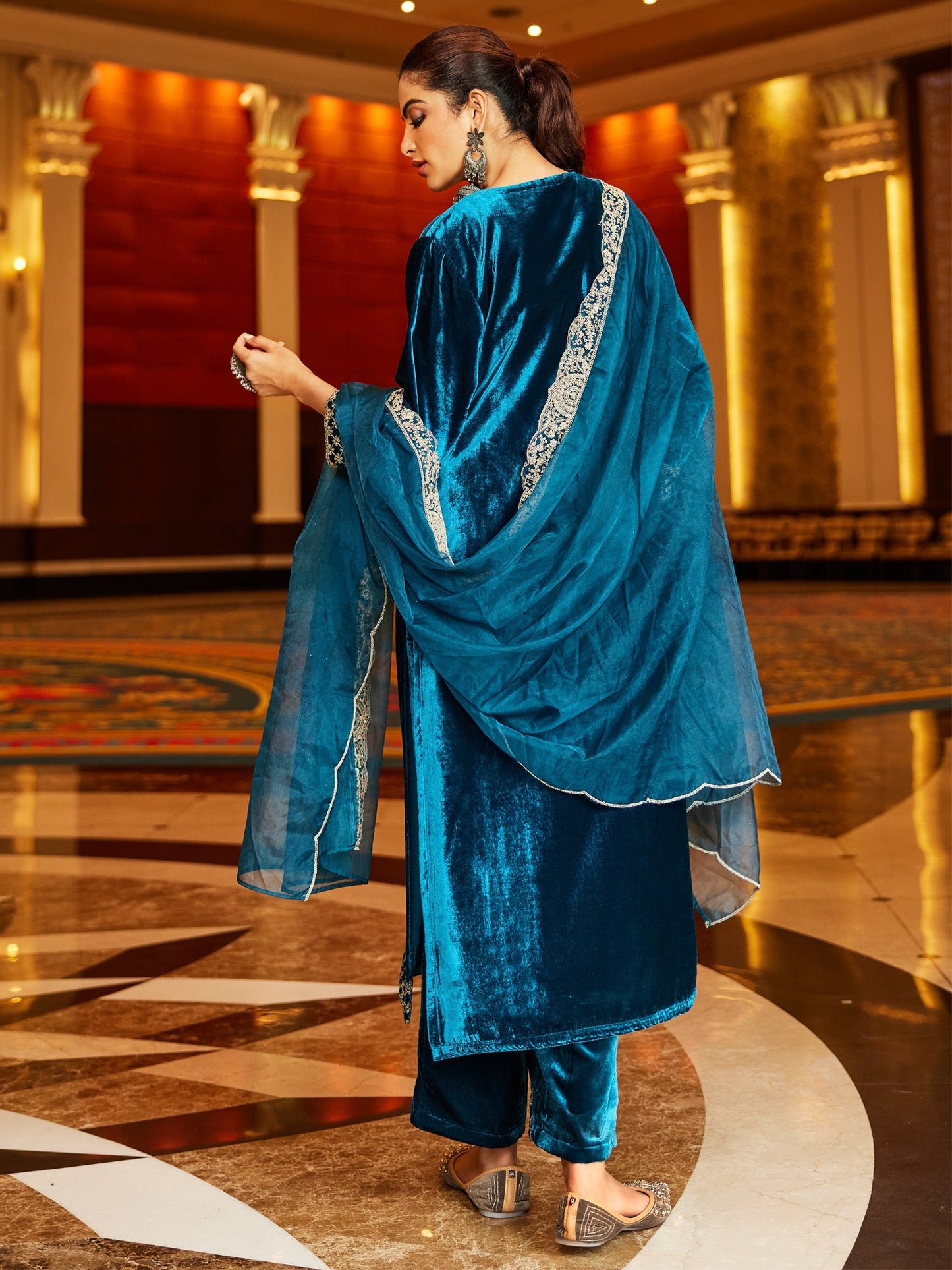 Indo Era Blue Embroidered Straight Kurta Trousers With Dupatta set