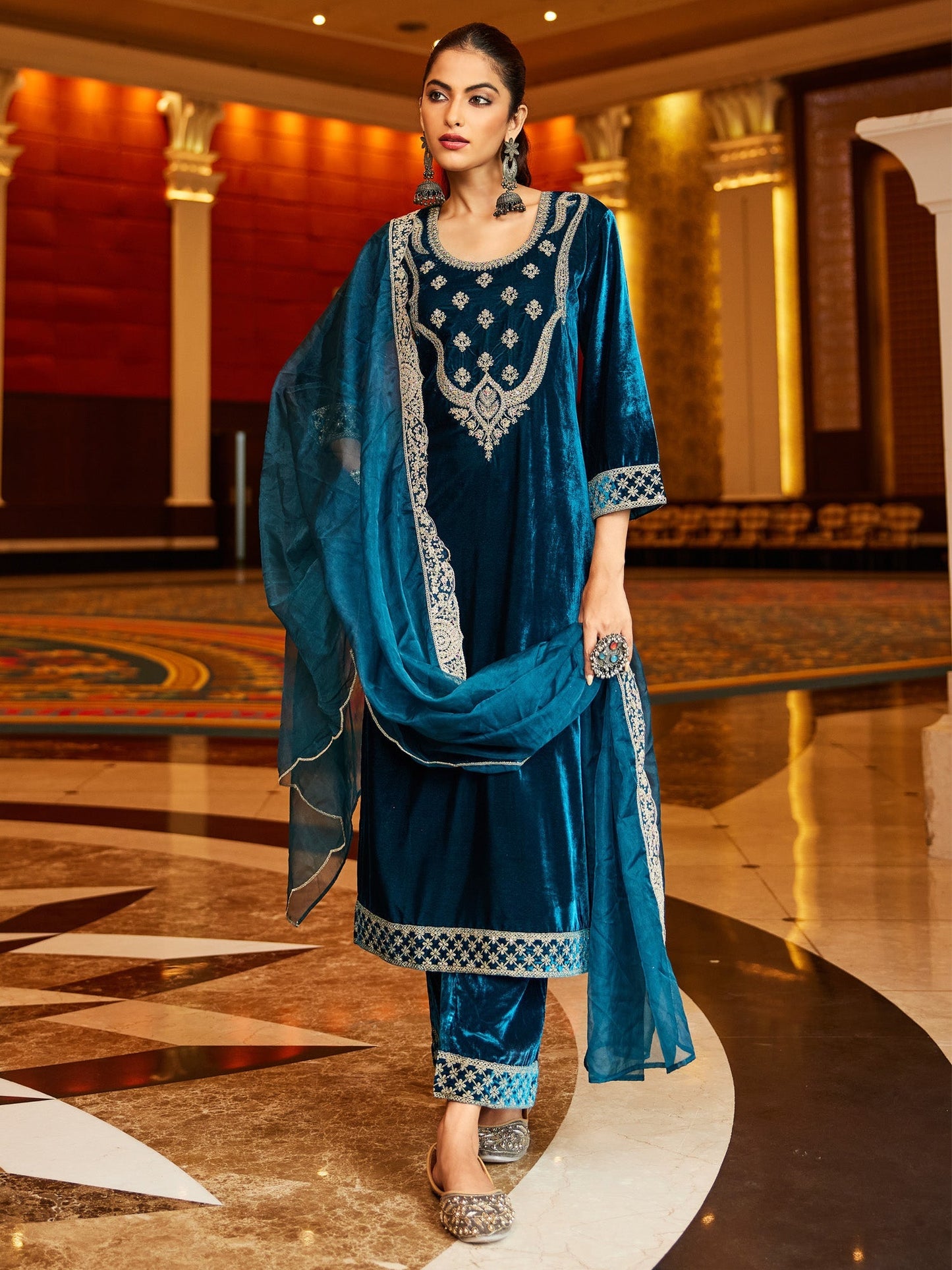 Indo Era Blue Embroidered Straight Kurta Trousers With Dupatta set