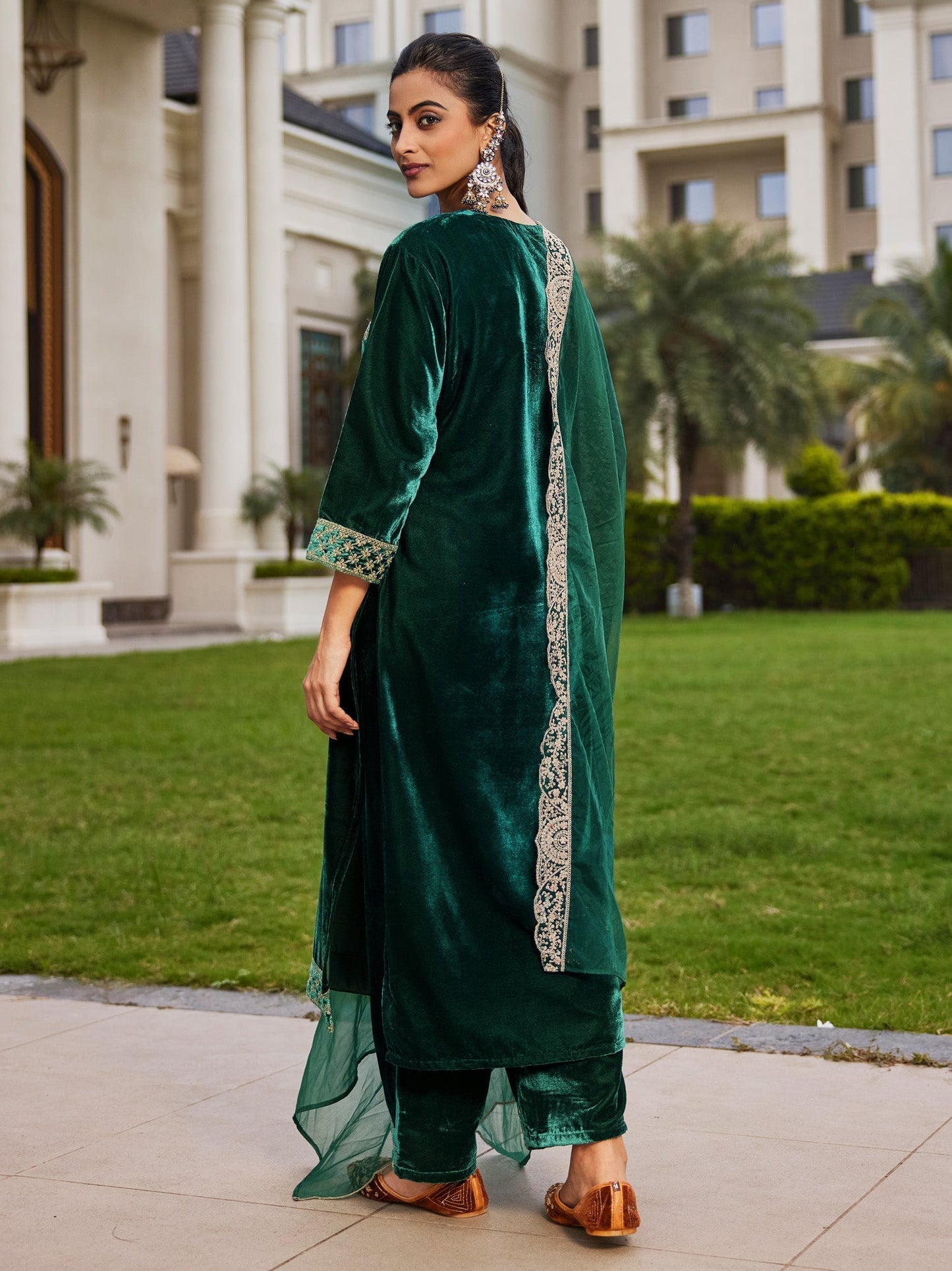Indo Era Green Embroidered Straight Kurta Trousers With Dupatta set