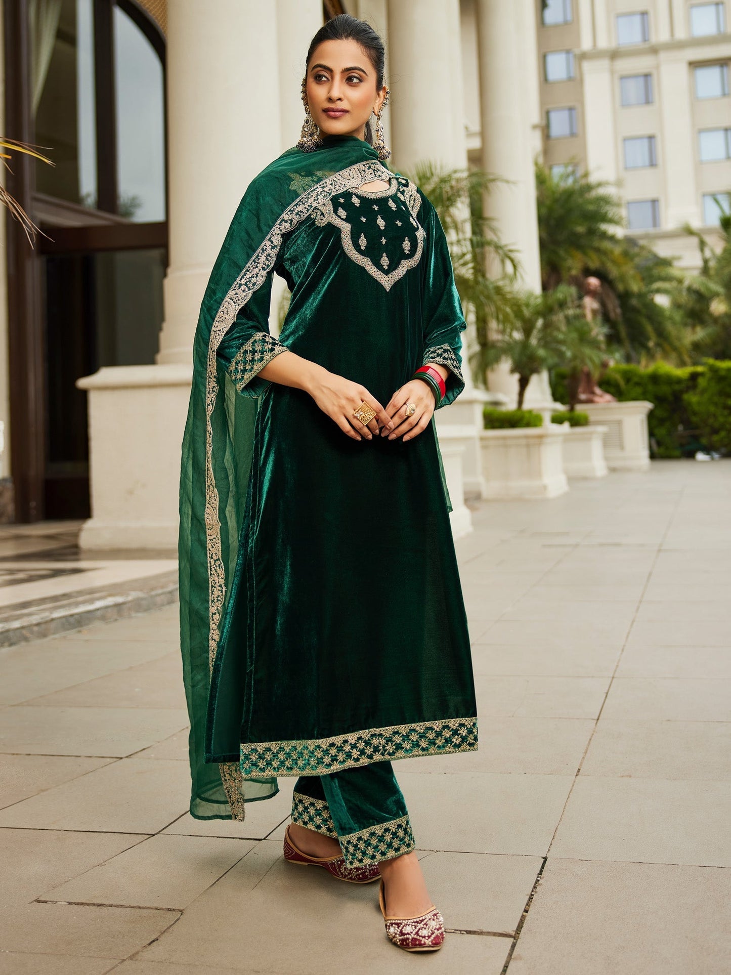 Indo Era Green Embroidered Straight Kurta Trousers With Dupatta set