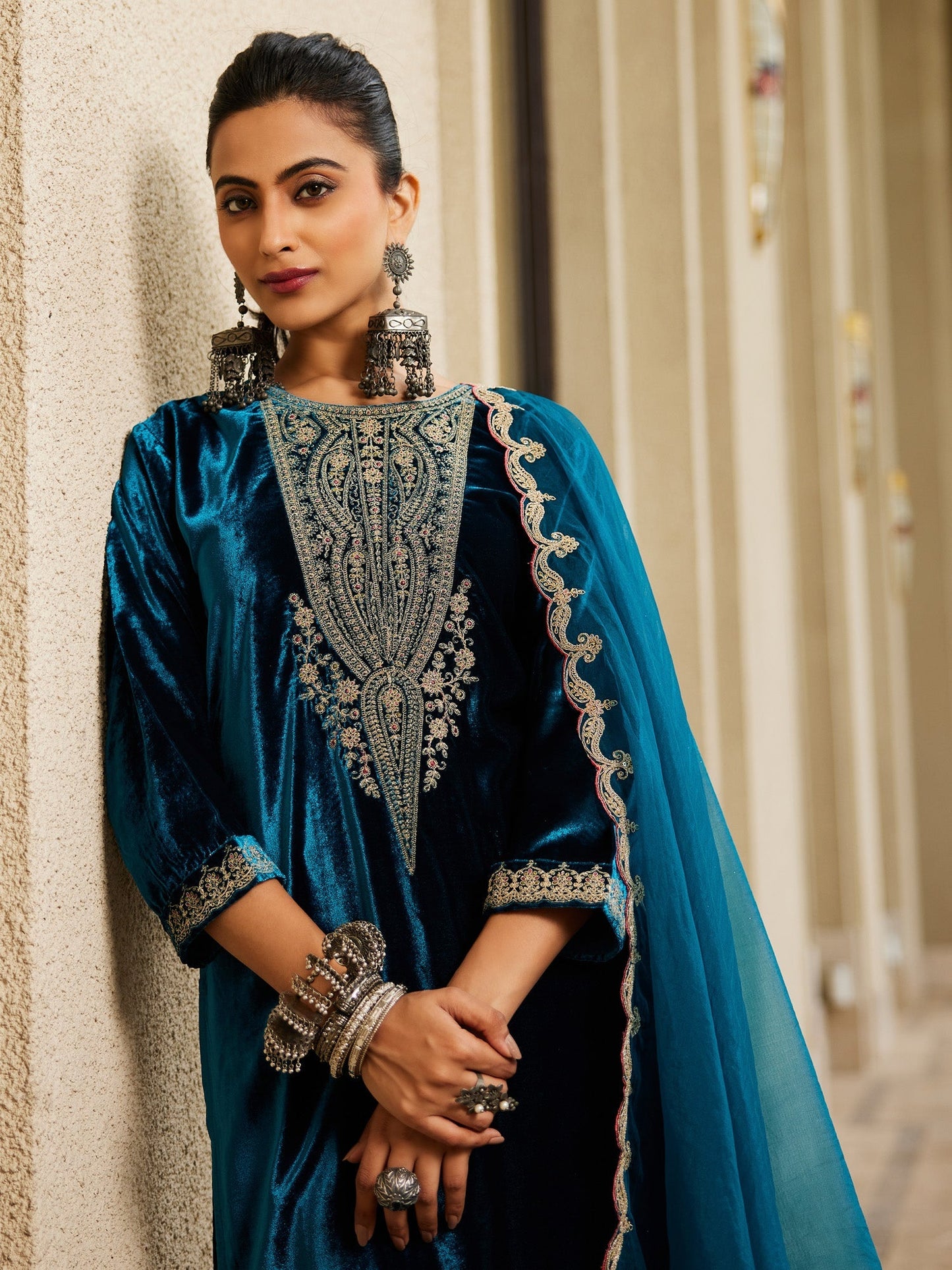 Indo Era Blue Embroidered Straight Kurta Trousers With Dupatta Set