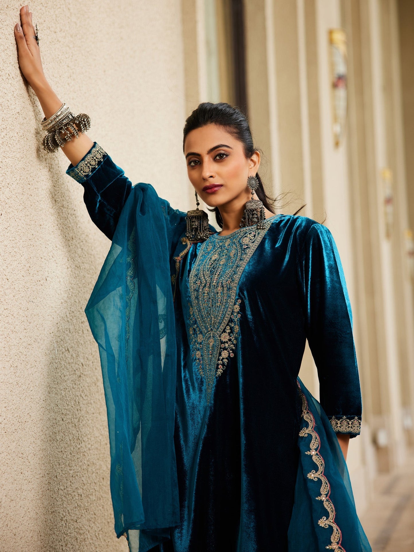 Indo Era Blue Embroidered Straight Kurta Trousers With Dupatta Set