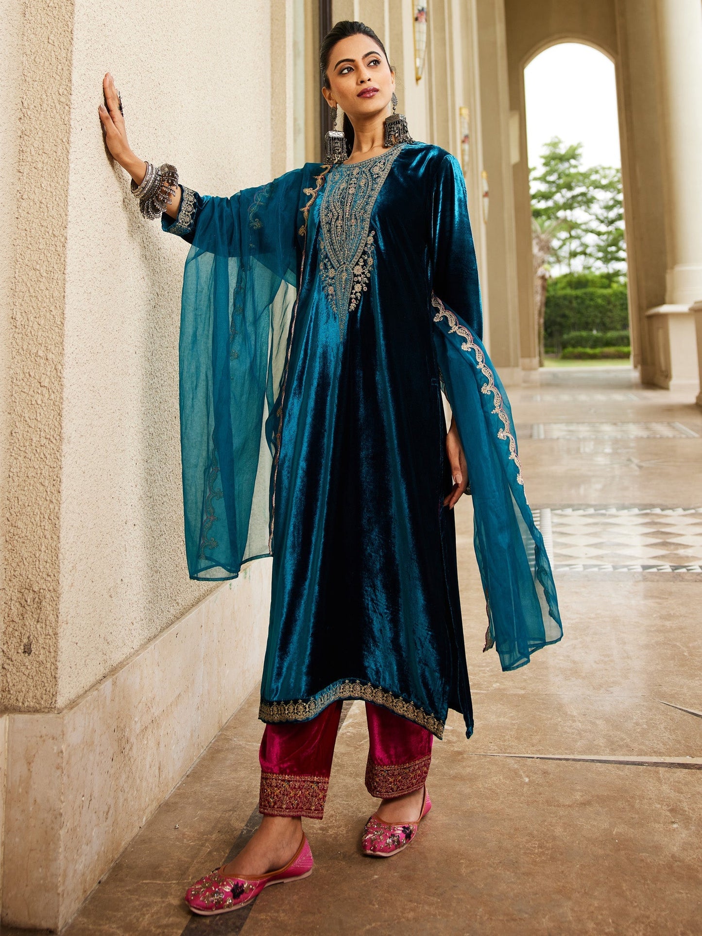 Indo Era Blue Embroidered Straight Kurta Trousers With Dupatta Set