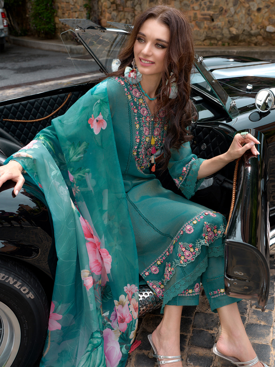 Indo Era Blue Embroidered A-Line Kurta Trousers With Dupatta Set