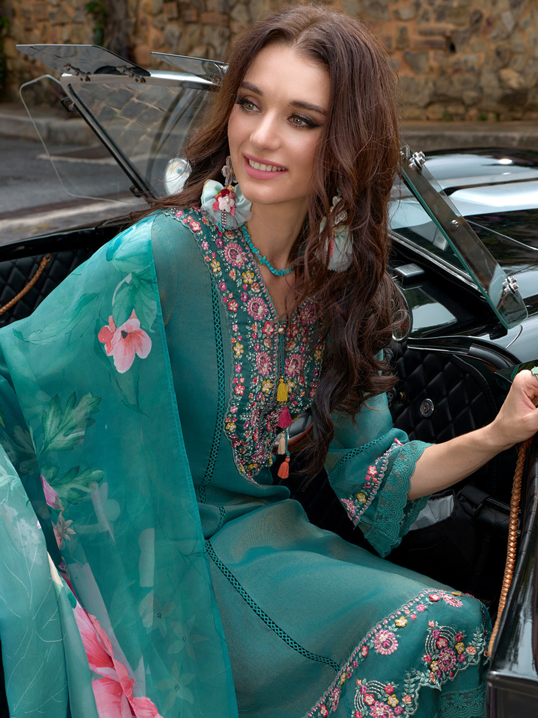 Indo Era Blue Embroidered A-Line Kurta Trousers With Dupatta Set