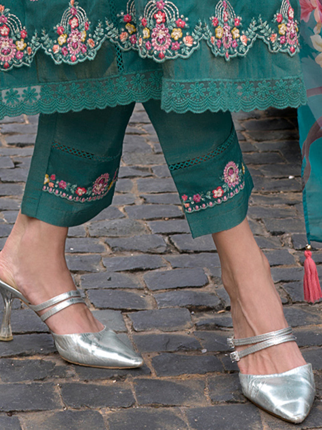 Indo Era Blue Embroidered A-Line Kurta Trousers With Dupatta Set