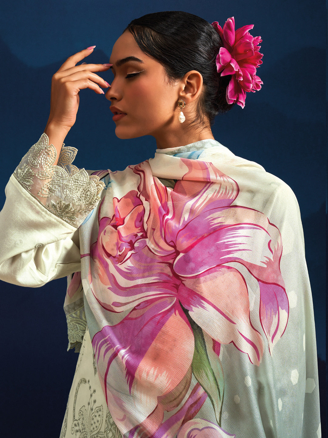 Indo Era Cream Embroidered Straight Kurta Trousers With Dupatta set