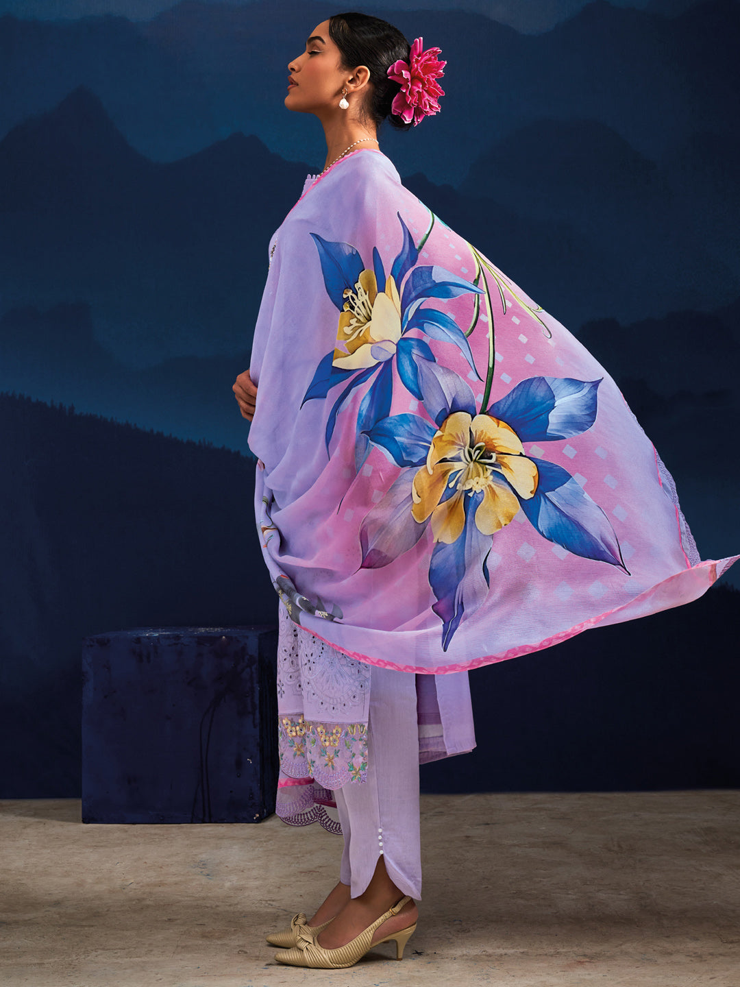 Indo Era Lavender Embroidered Straight Kurta Trousers With Dupatta set