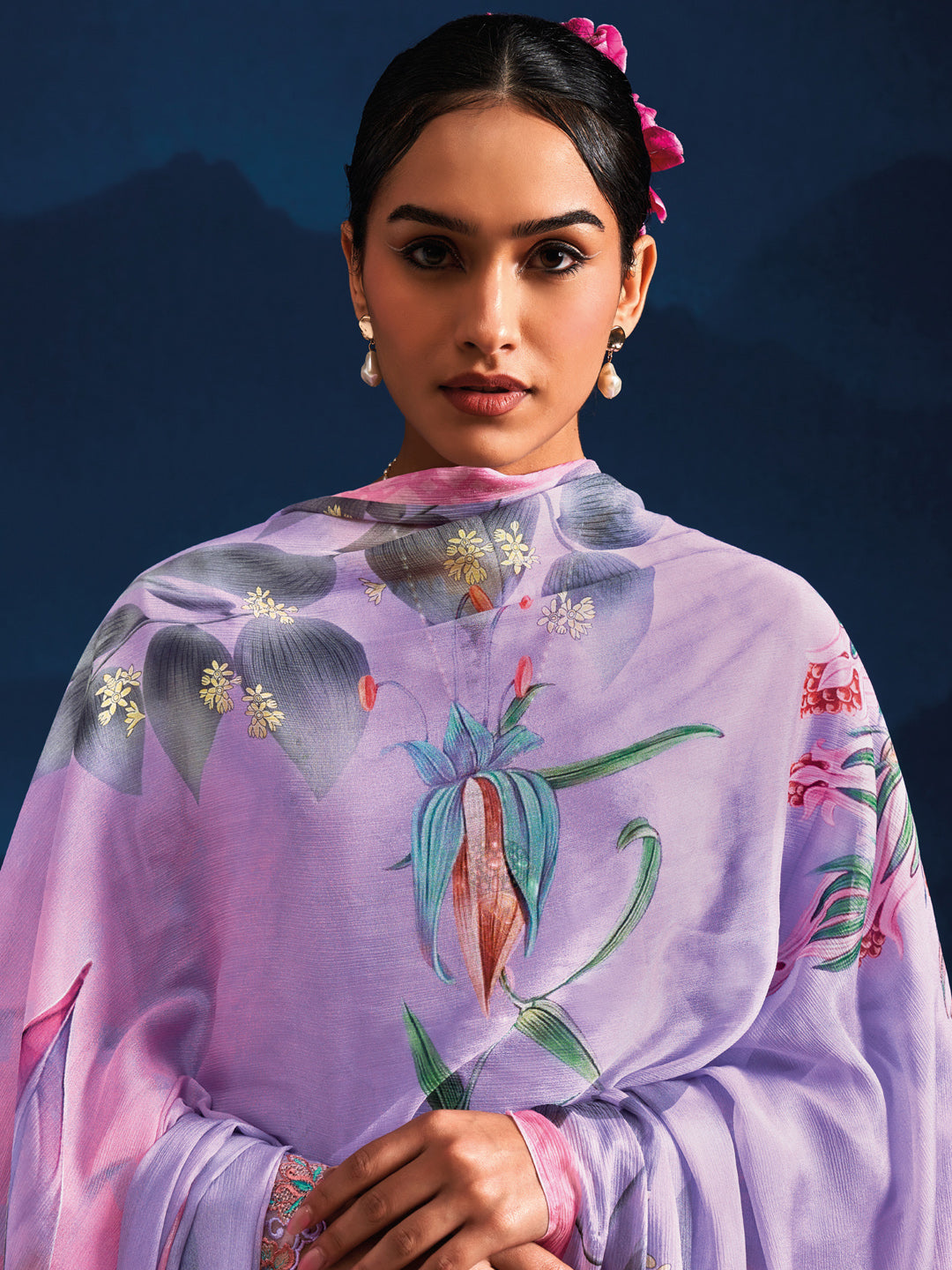 Indo Era Lavender Embroidered Straight Kurta Trousers With Dupatta set