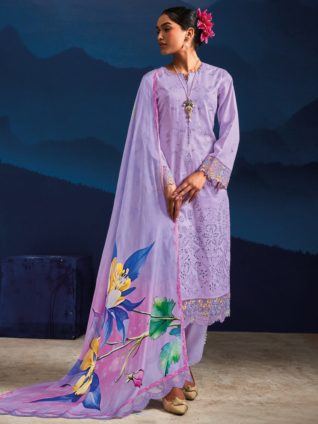 Indo Era Lavender Embroidered Straight Kurta Trousers With Dupatta set