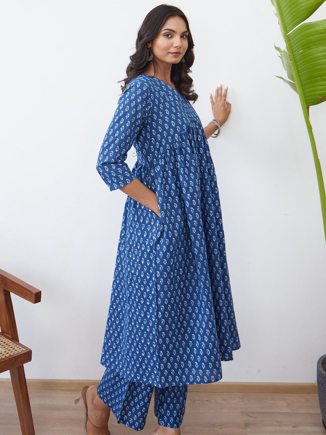 Indo Era Blue Printed A-Line Kurta Trousers set
