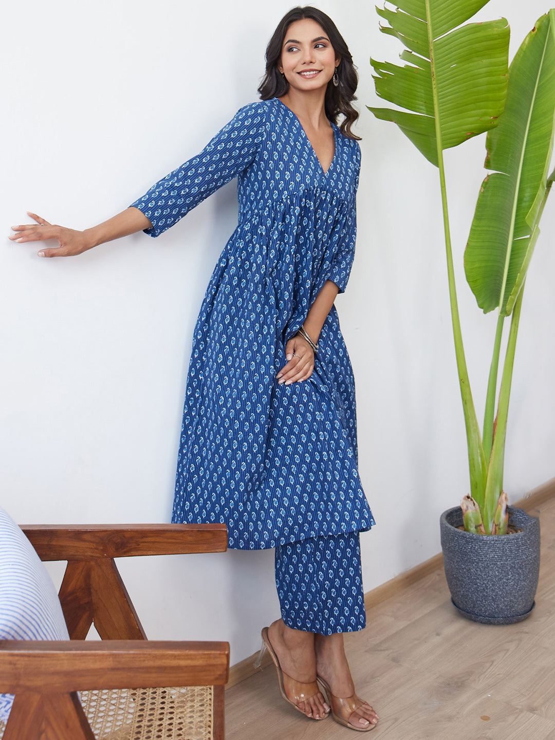 Indo Era Blue Printed A-Line Kurta Trousers set