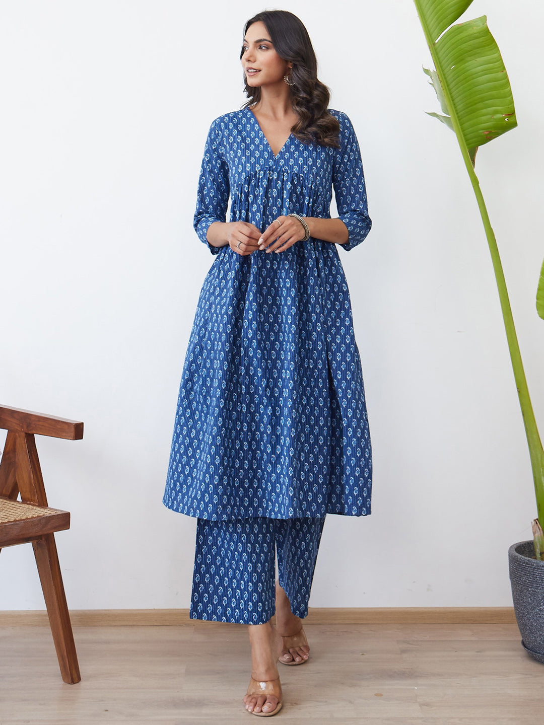 Indo Era Blue Printed A-Line Kurta Trousers set