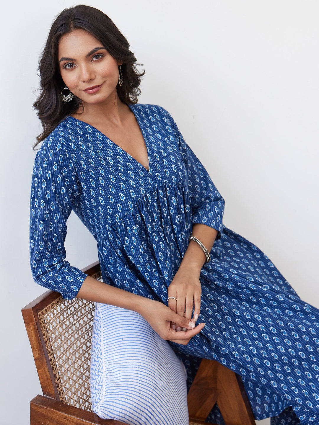 Indo Era Blue Printed A-Line Kurta Trousers set