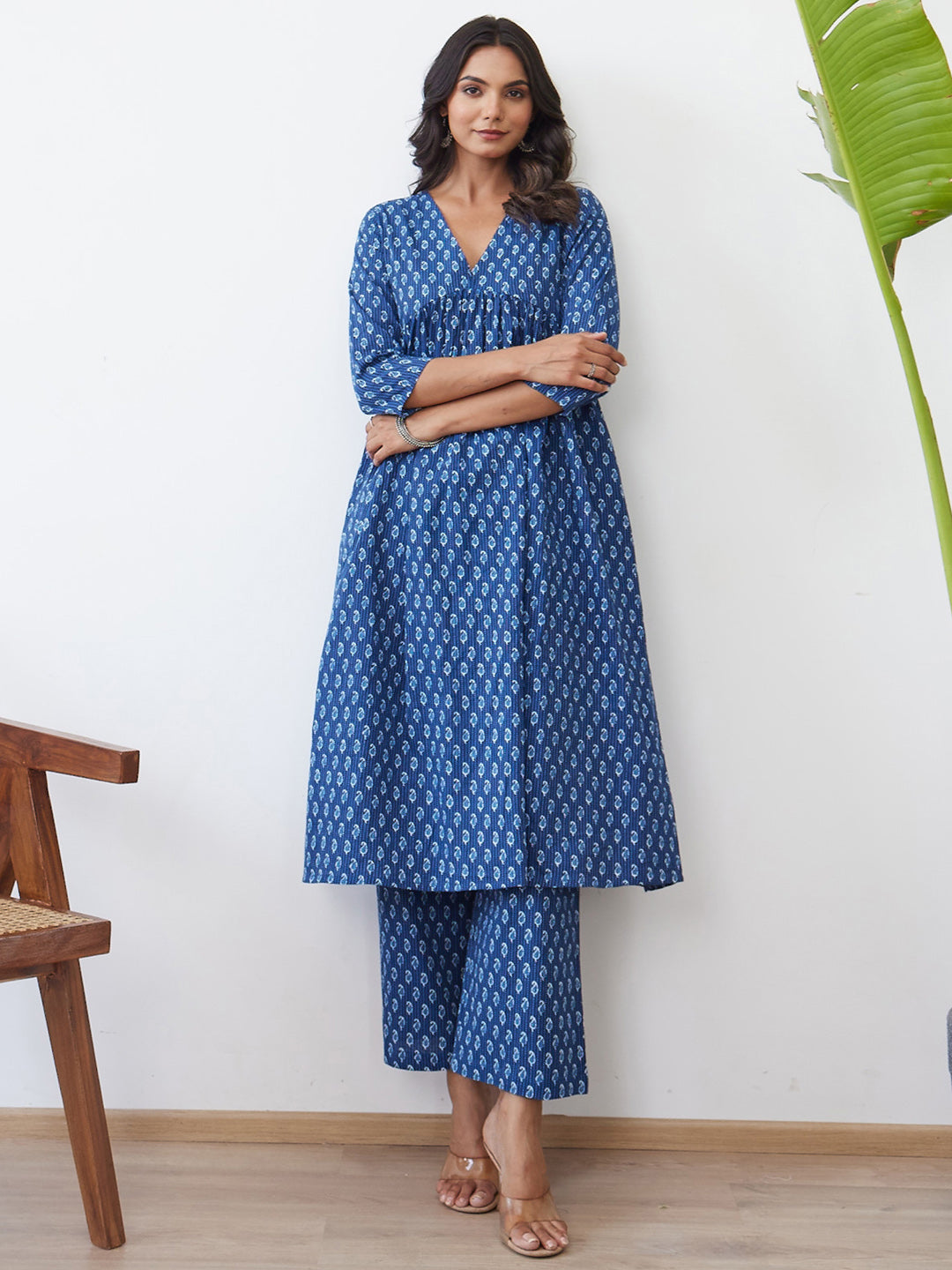 Indo Era Blue Printed A-Line Kurta Trousers set