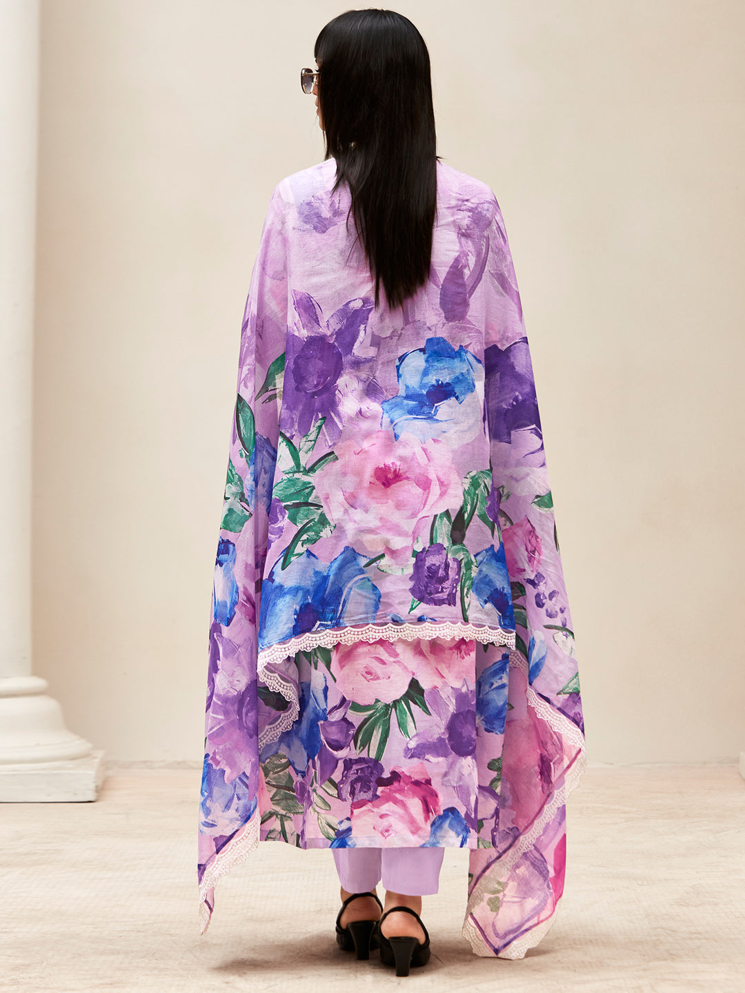Indo Era Lavender Embroidered A-Line Kurta Trousers With Dupatta set