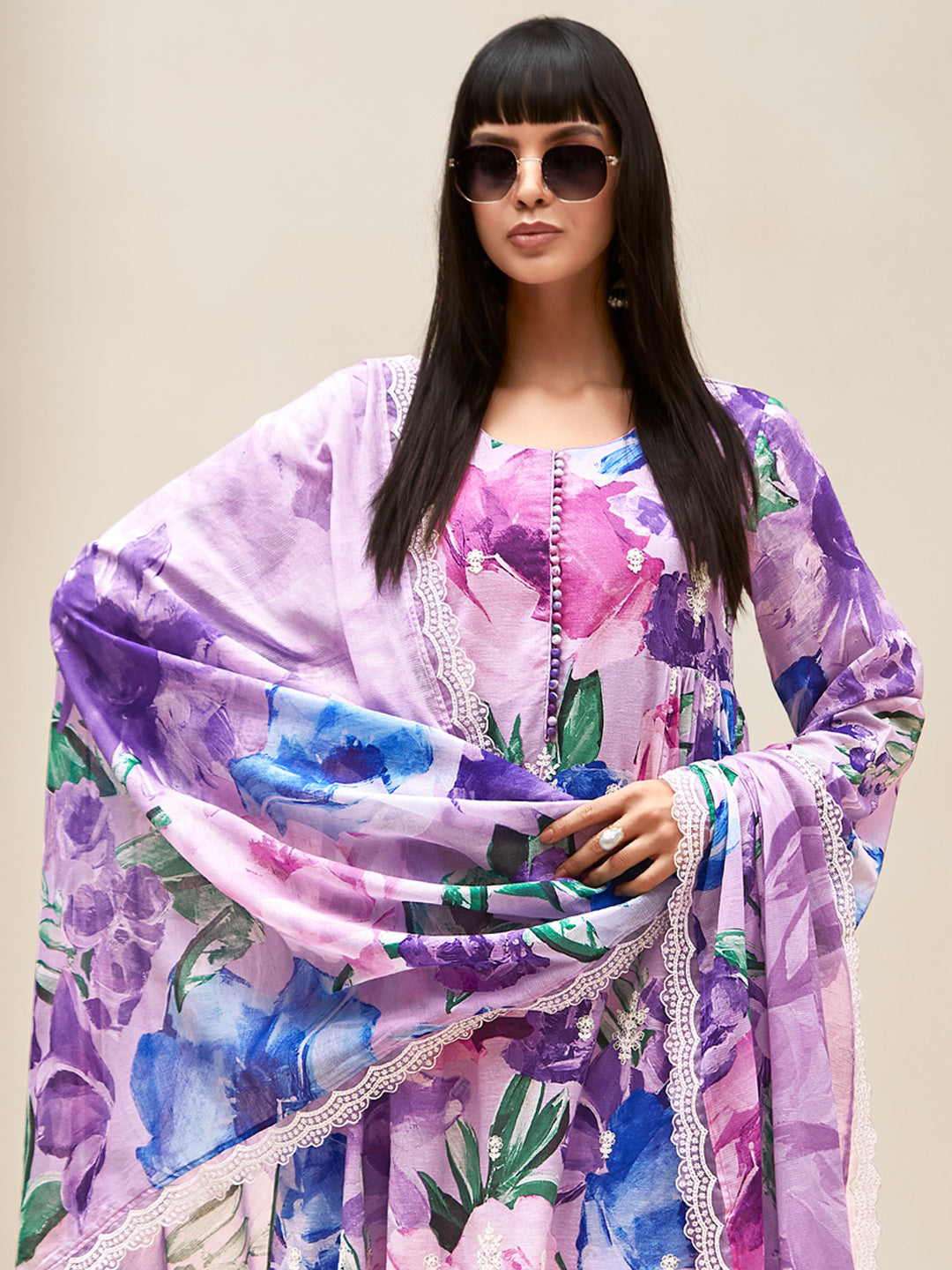 Indo Era Lavender Embroidered A-Line Kurta Trousers With Dupatta set