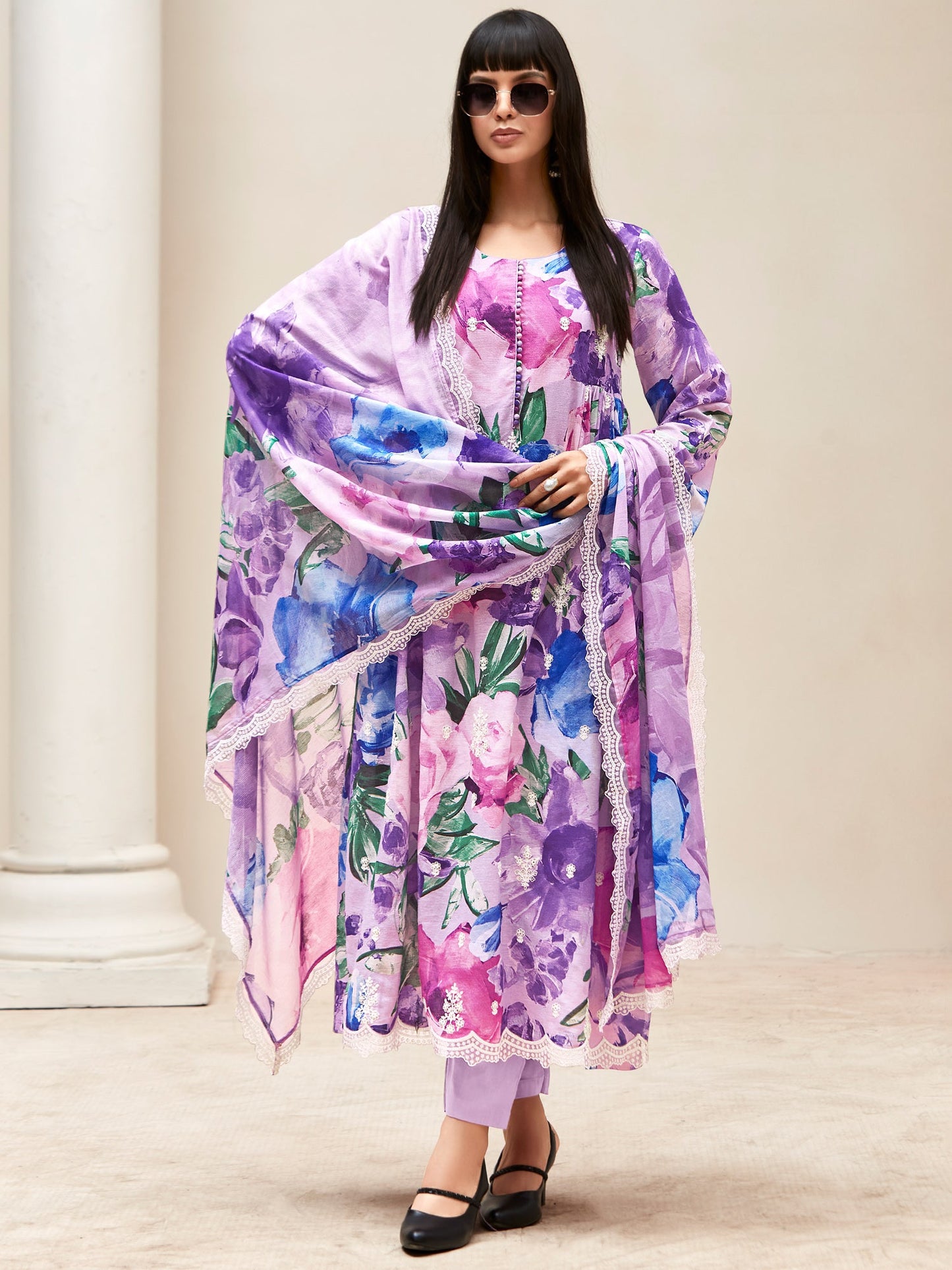 Indo Era Lavender Embroidered A-Line Kurta Trousers With Dupatta set