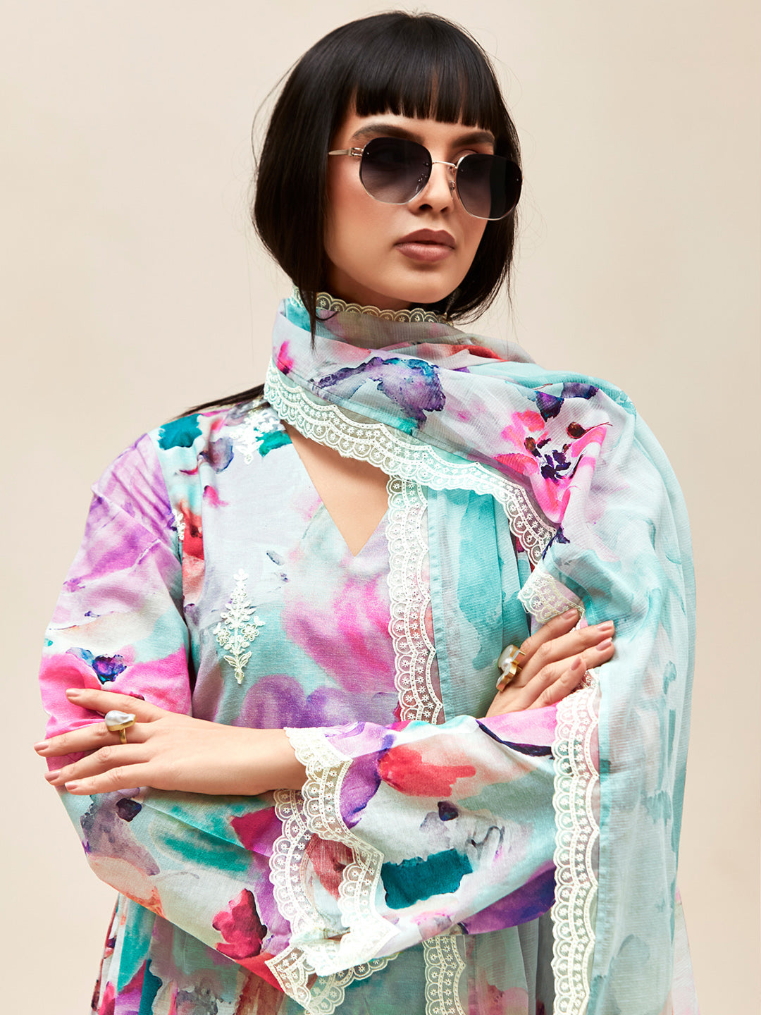 Multi Embroidered A-Line Kurta Trousers With Dupatta set