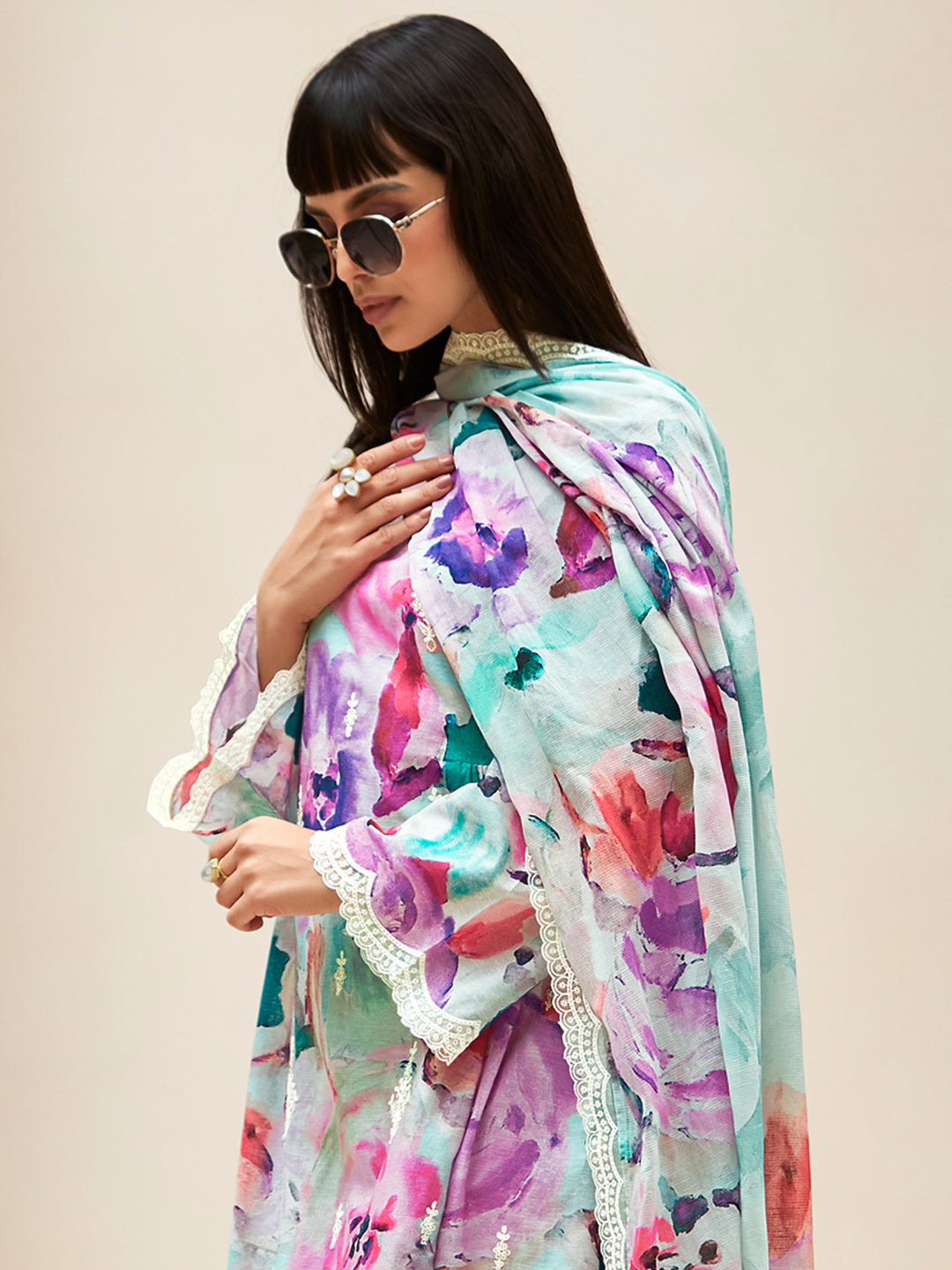 Multi Embroidered A-Line Kurta Trousers With Dupatta set
