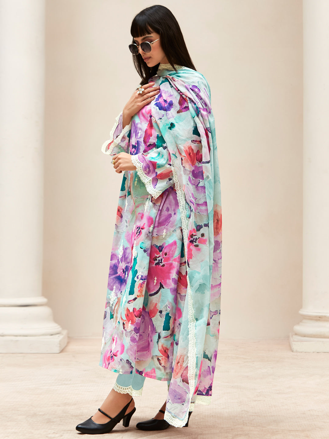 Multi Embroidered A-Line Kurta Trousers With Dupatta set