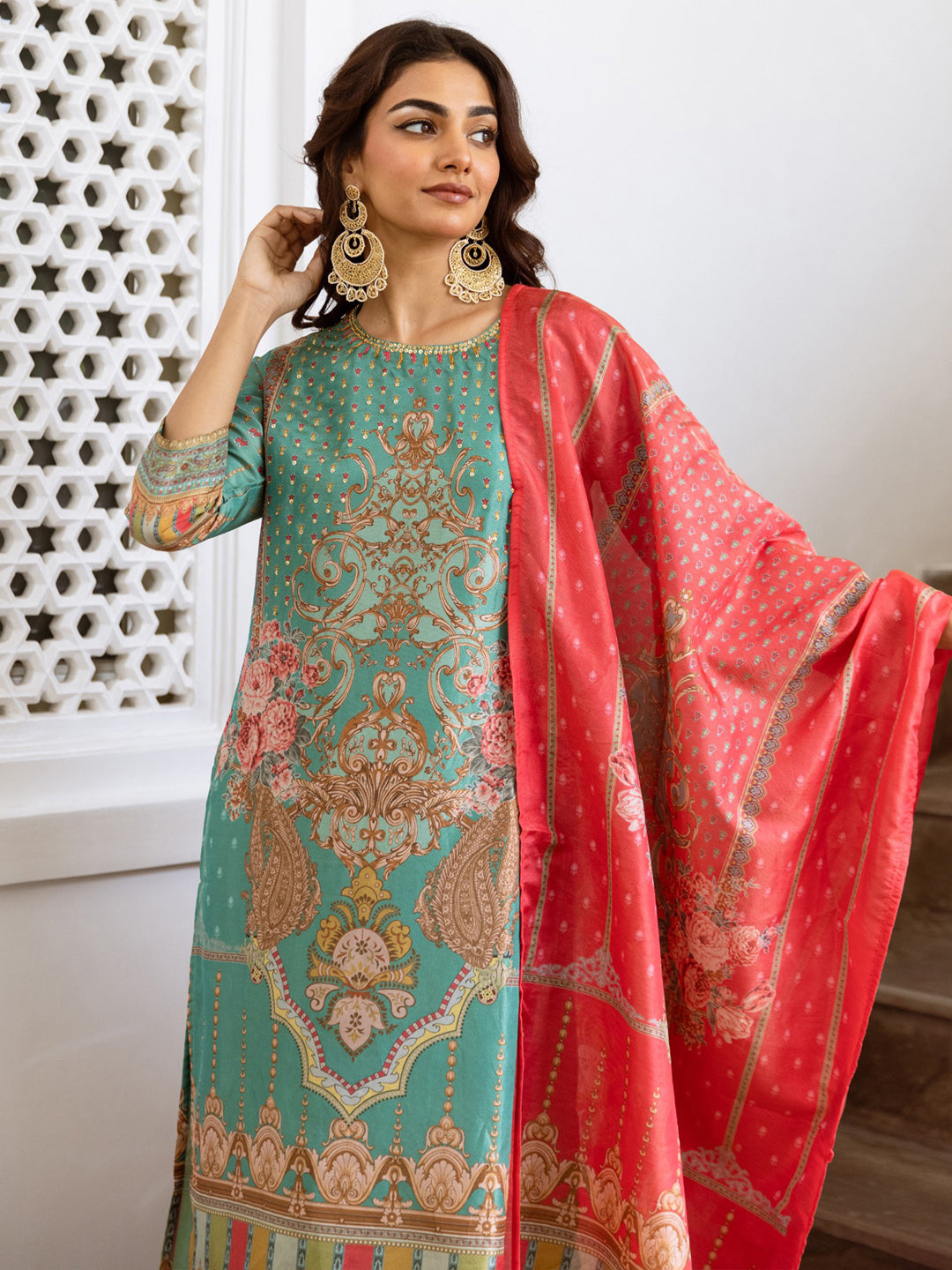 Indo Era Green Printed Straight Kurta Trousers With Dupatta Set