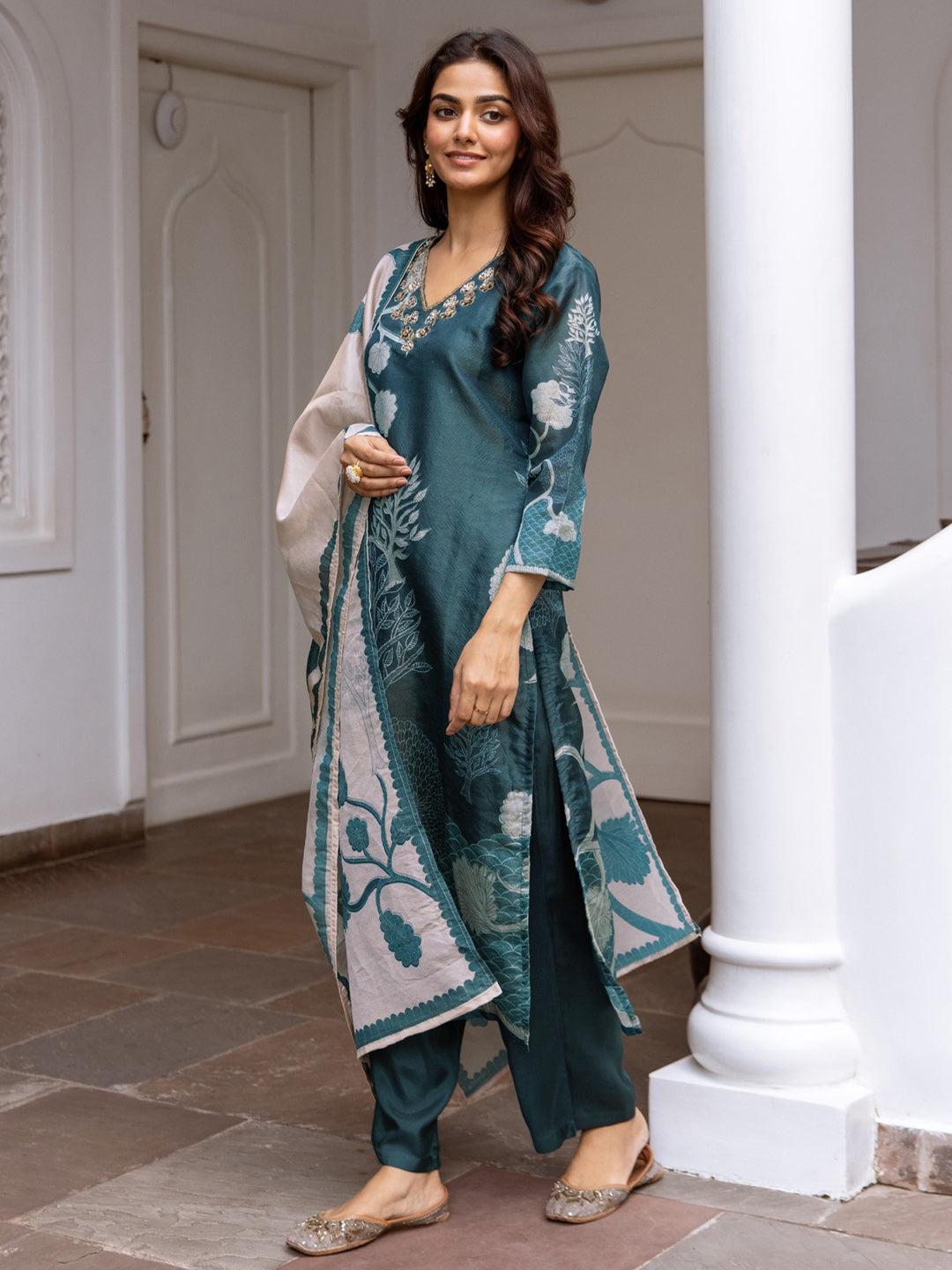 Indo Era Black Printed Straight Kurta Trousers With Dupatta Set