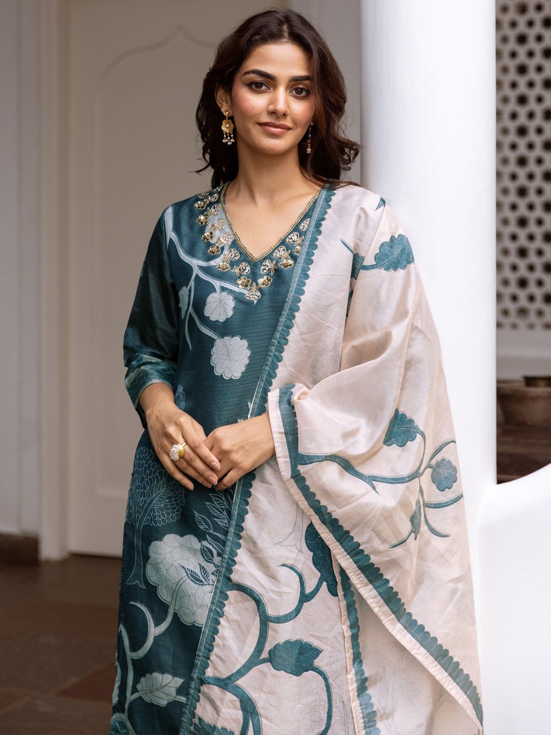 Indo Era Black Printed Straight Kurta Trousers With Dupatta Set