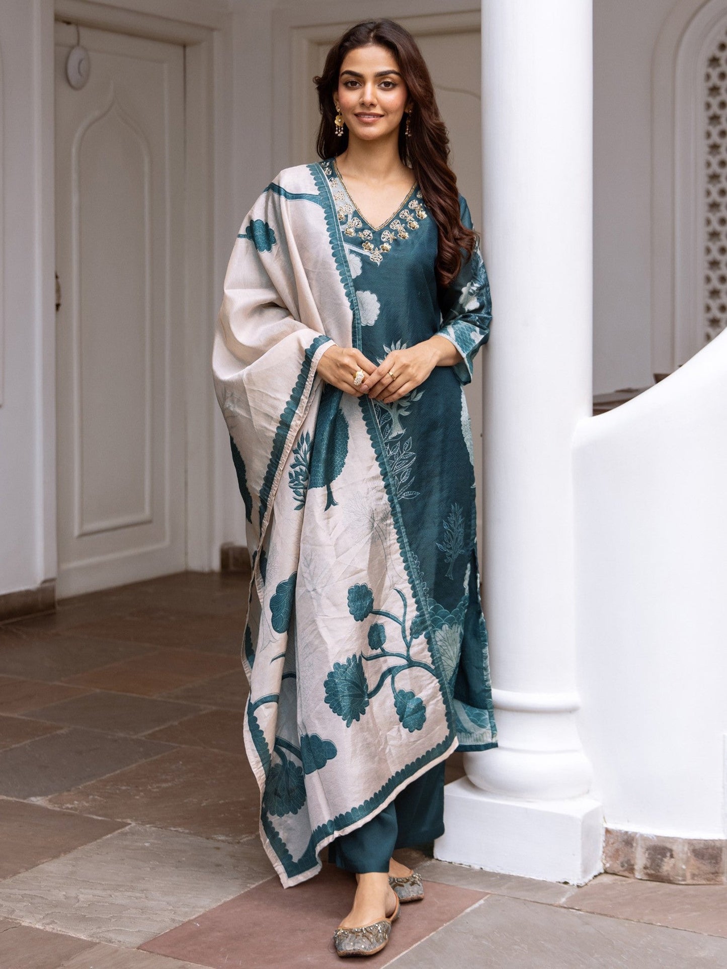 Indo Era Black Printed Straight Kurta Trousers With Dupatta Set
