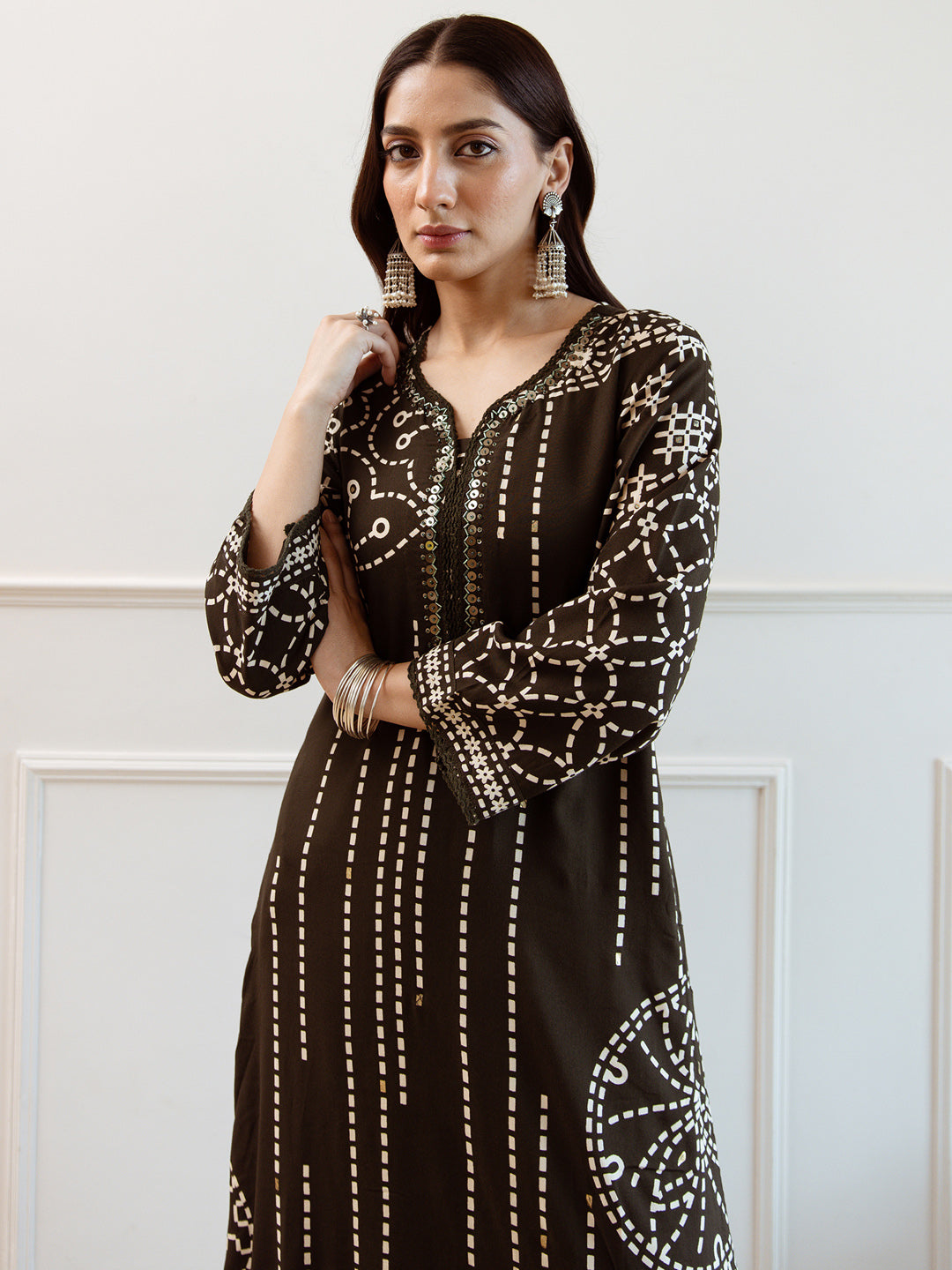 Indo Era Green Printed Straight Kurta Trousers Set