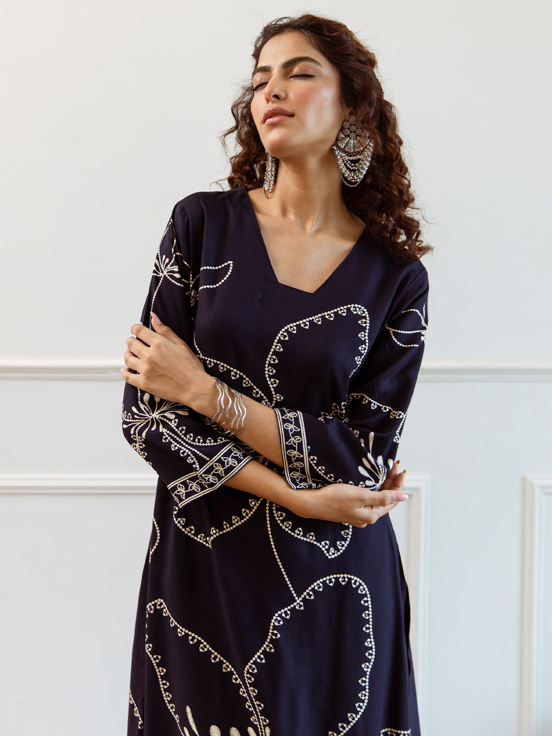 Indo Era Blue Printed Straight Kurta Trousers Set